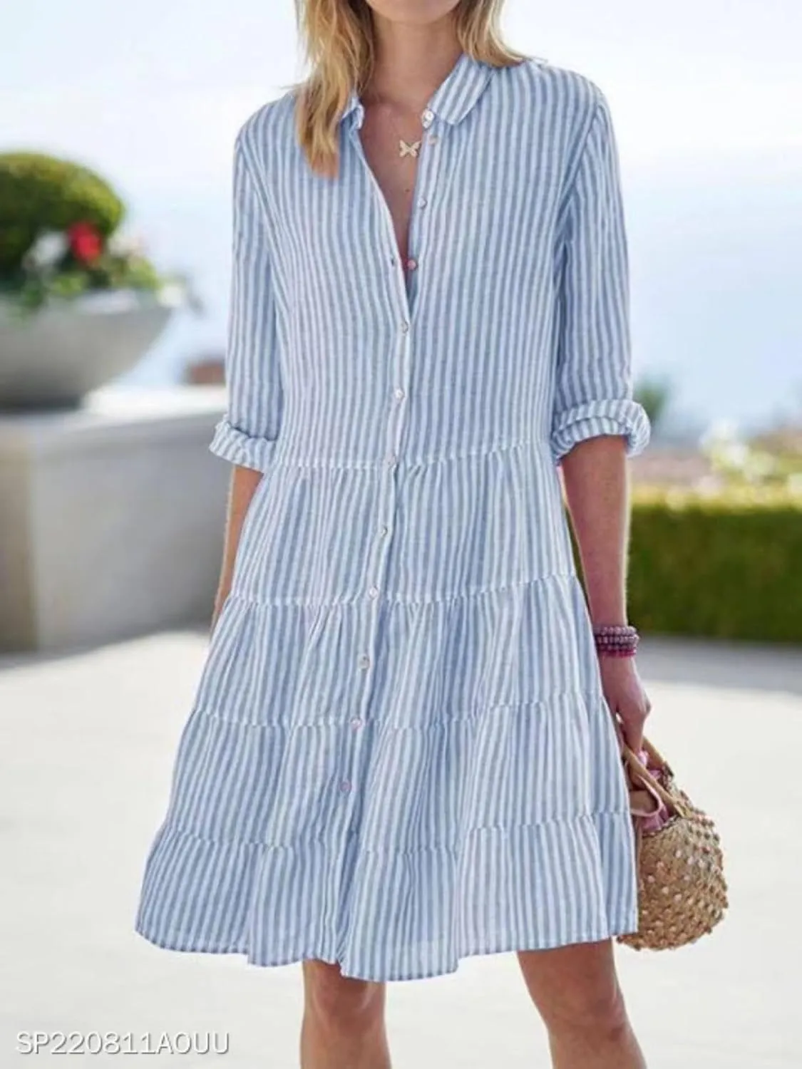Canbebig Women Striped Shirt Dress Roll Up Sleeve Button Down Long Sleeve Casual Loose Dresses High Waist A Line Swing Dress