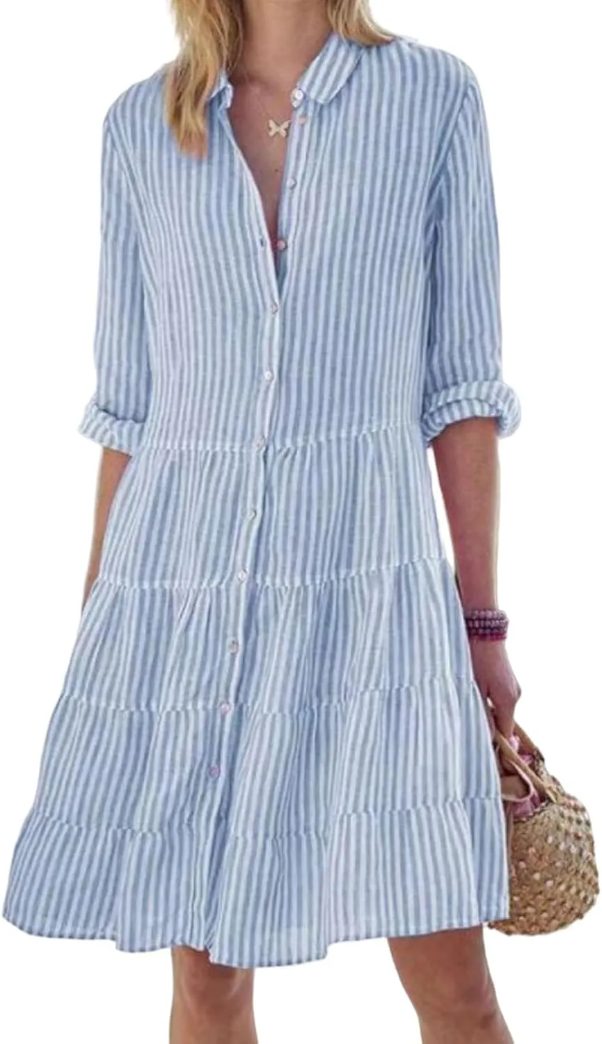 Canbebig Women Striped Shirt Dress Roll Up Sleeve Button Down Long Sleeve Casual Loose Dresses High Waist A Line Swing Dress