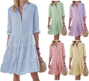 Canbebig Women Striped Shirt Dress Roll Up Sleeve Button Down Long Sleeve Casual Loose Dresses High Waist A Line Swing Dress