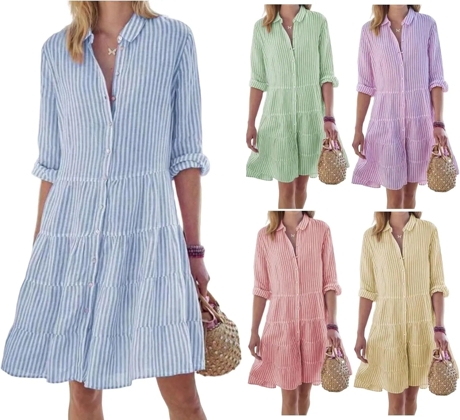 Canbebig Women Striped Shirt Dress Roll Up Sleeve Button Down Long Sleeve Casual Loose Dresses High Waist A Line Swing Dress