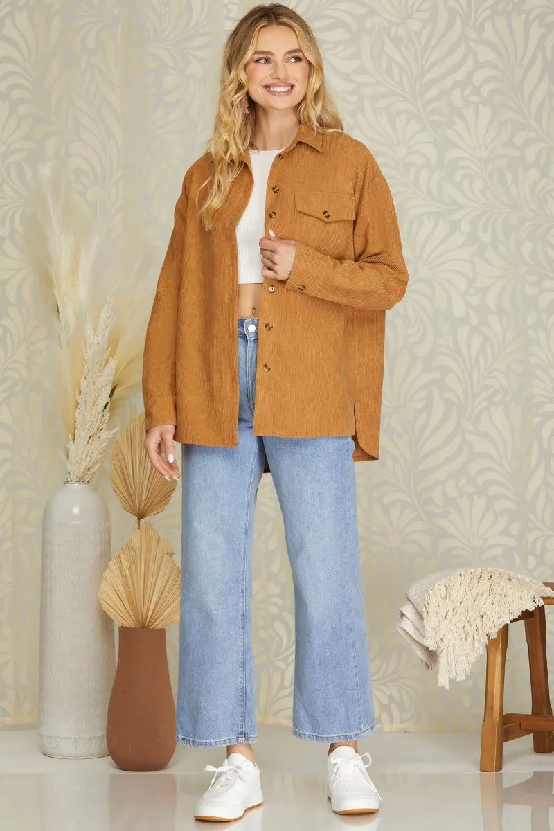 CARAMEL CORDUROY BUTTON DOWN LONG SLEEVES WOVEN SHACKET S10SY5650T