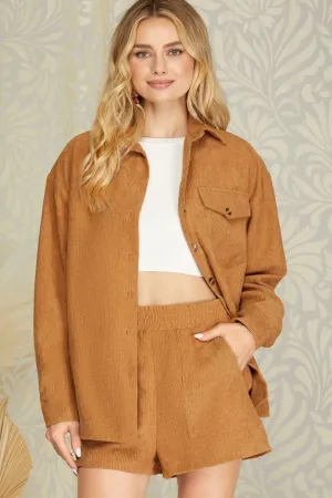 CARAMEL CORDUROY BUTTON DOWN LONG SLEEVES WOVEN SHACKET S10SY5650T