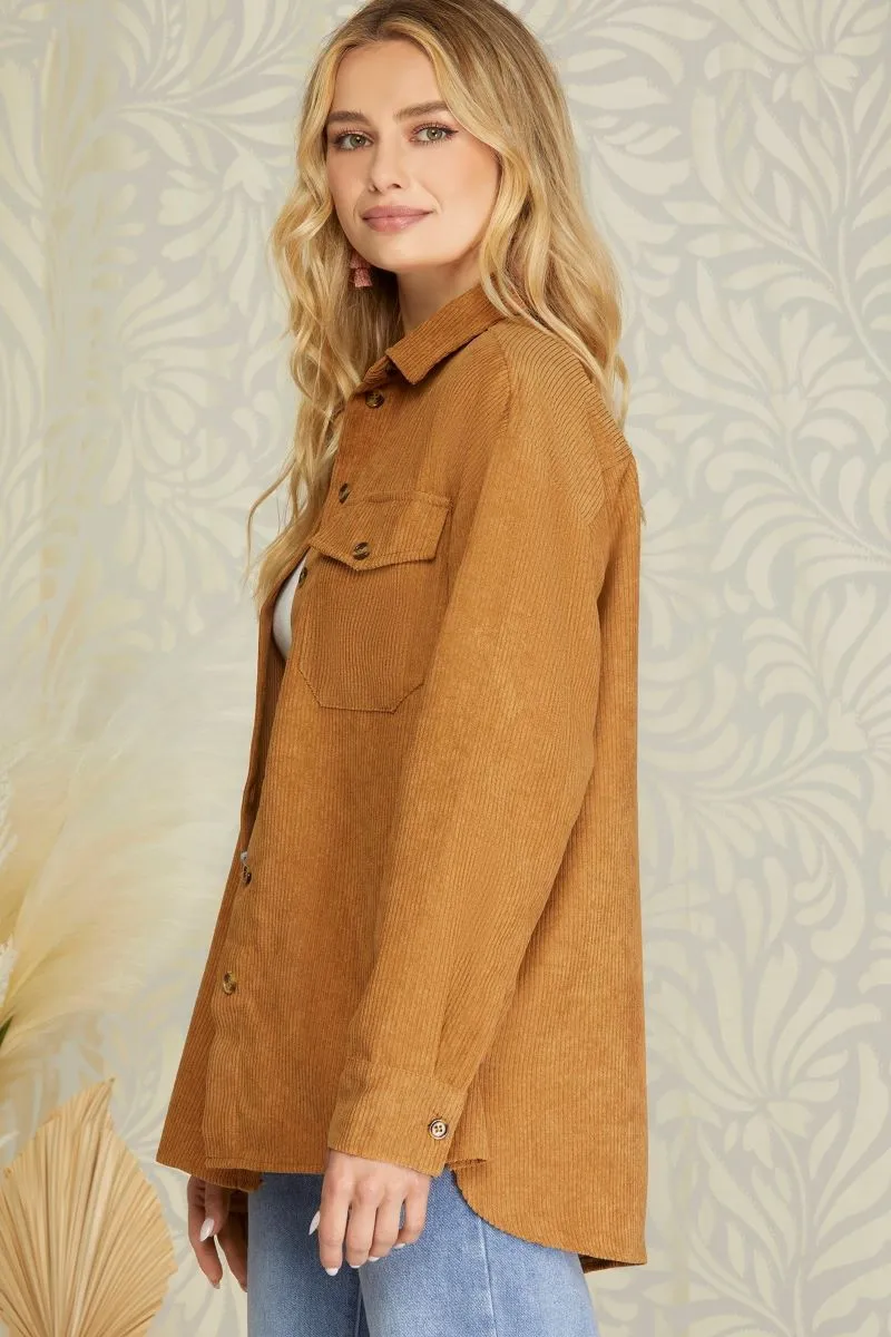 CARAMEL CORDUROY BUTTON DOWN LONG SLEEVES WOVEN SHACKET S10SY5650T