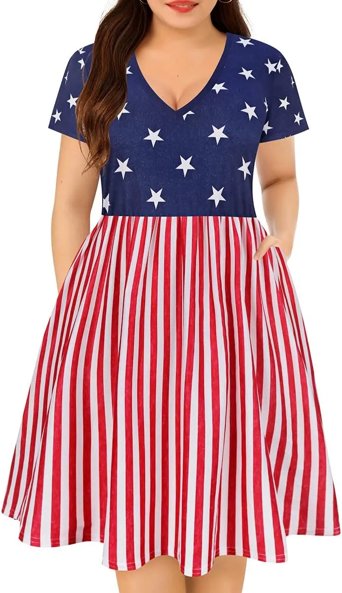 CARCOS Plus Size Dresses for Curvy Women V Neck Short Sleeve Dresses Floral/Striped Summer Boho Dresses with Pocket XL-5XL