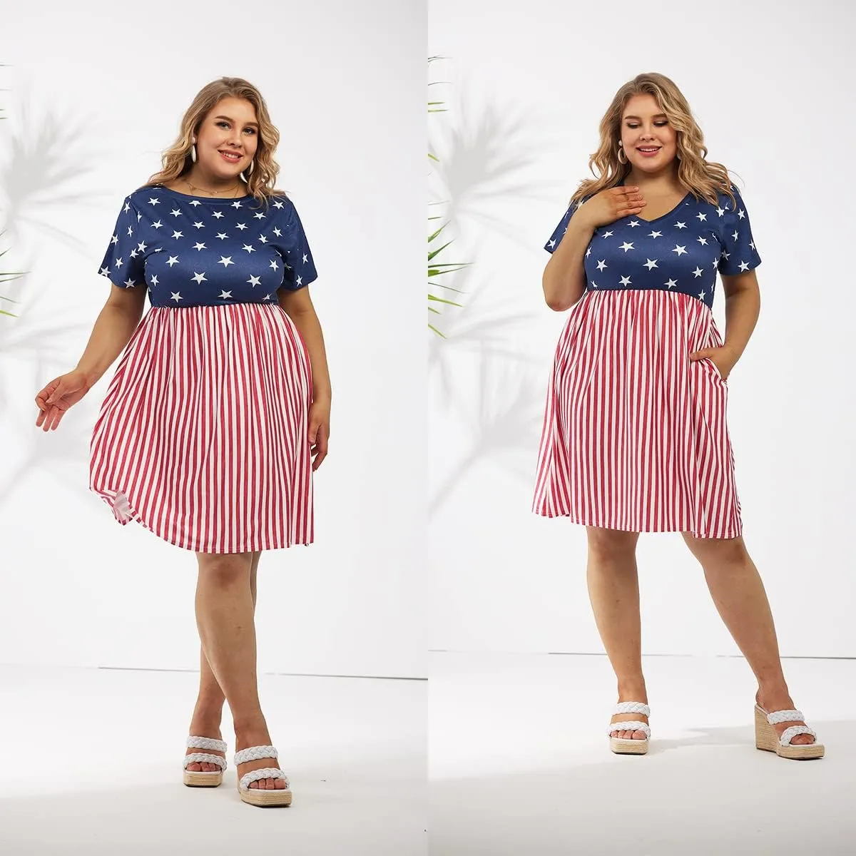 CARCOS Plus Size Dresses for Curvy Women V Neck Short Sleeve Dresses Floral/Striped Summer Boho Dresses with Pocket XL-5XL