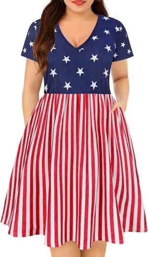 CARCOS Plus Size Dresses for Curvy Women V Neck Short Sleeve Dresses Floral/Striped Summer Boho Dresses with Pocket XL-5XL