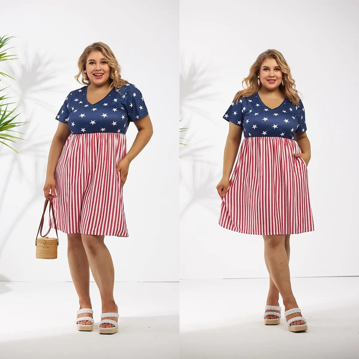 CARCOS Plus Size Dresses for Curvy Women V Neck Short Sleeve Dresses Floral/Striped Summer Boho Dresses with Pocket XL-5XL