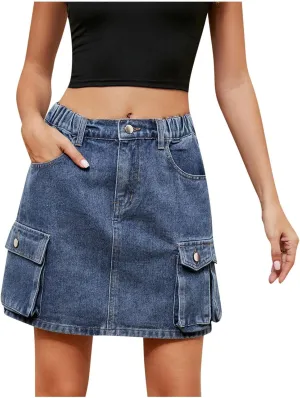 Cargo Skirt for Women Summer Casual Denim Jean Skirt Mini Low Waist Button Bodycon Y2K Flap Pockets Skirts Shorts