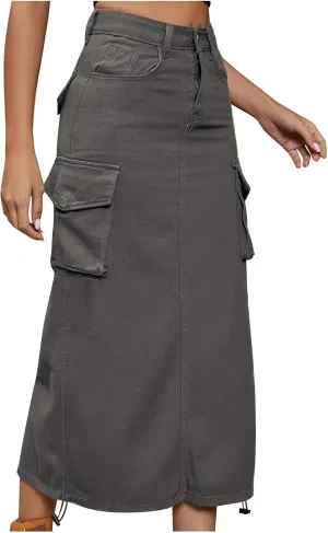 Cargo Skirts for Women Fashion Summer Denim Work Dress Pocket Skirt Loose Fit Button Solid Ankle Length Skirts