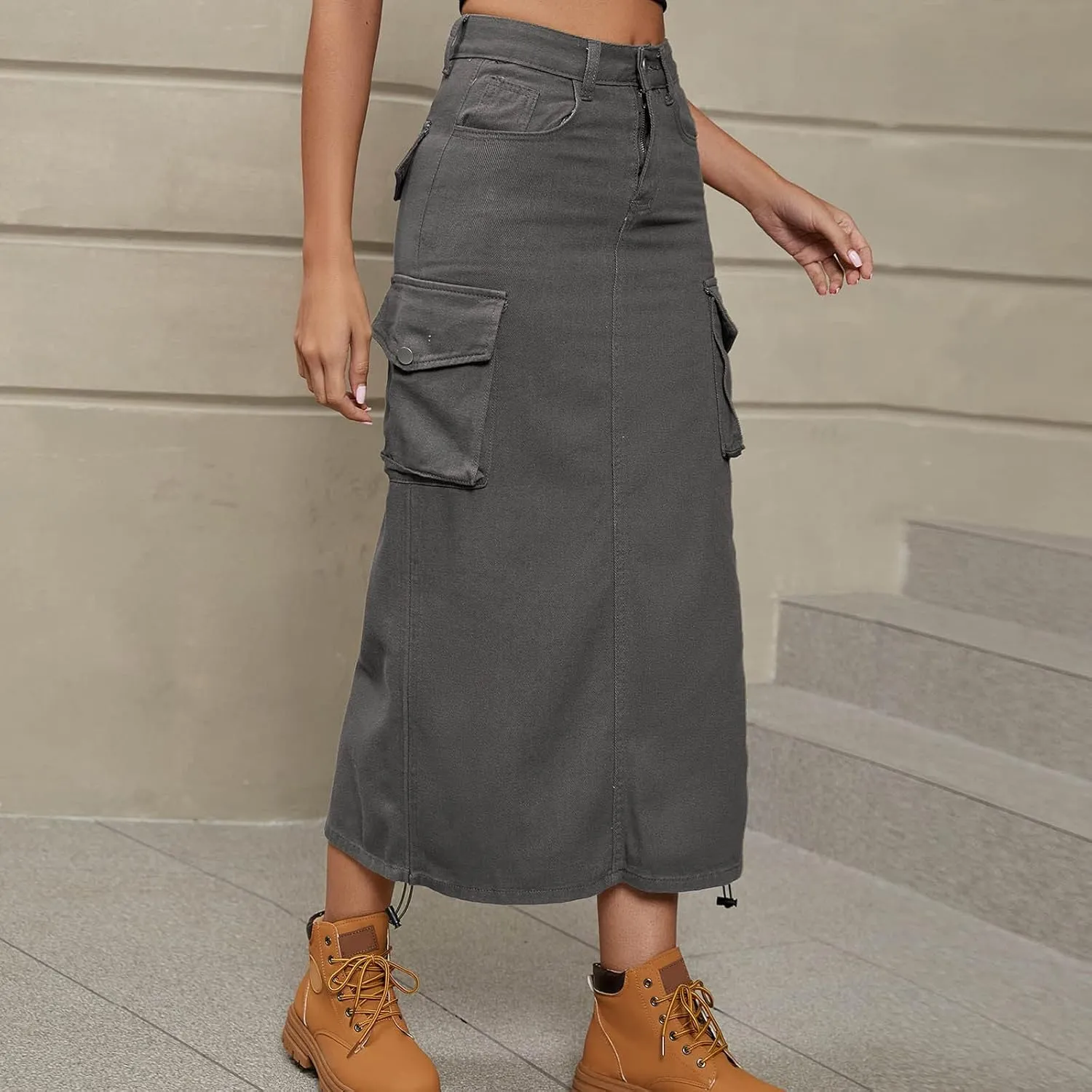 Cargo Skirts for Women Fashion Summer Denim Work Dress Pocket Skirt Loose Fit Button Solid Ankle Length Skirts