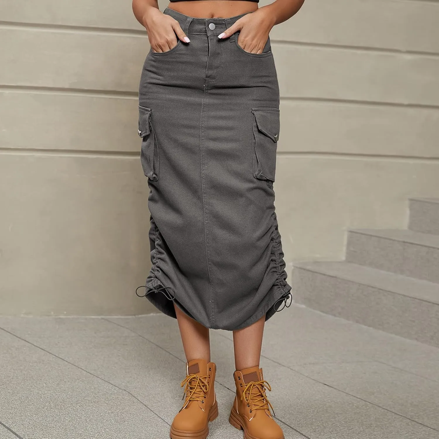 Cargo Skirts for Women Fashion Summer Denim Work Dress Pocket Skirt Loose Fit Button Solid Ankle Length Skirts