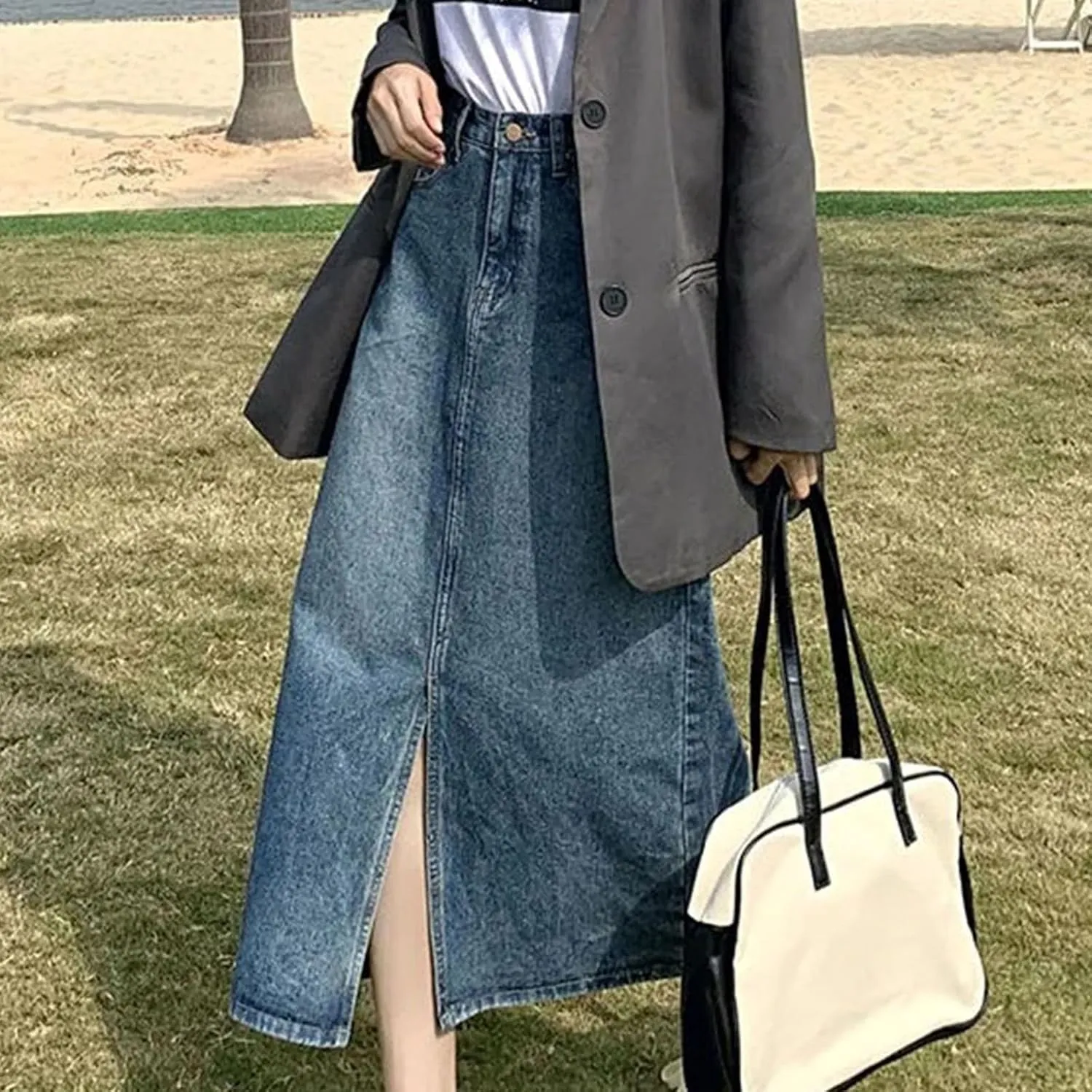 Cargo Skirts for Women with Pocket Midi Length Denim Skirt High Waisted Maxi Skirt Tie Split Jean Skirt Summer Skirts