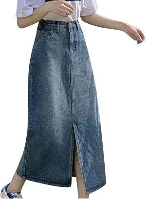 Cargo Skirts for Women with Pocket Midi Length Denim Skirt High Waisted Maxi Skirt Tie Split Jean Skirt Summer Skirts