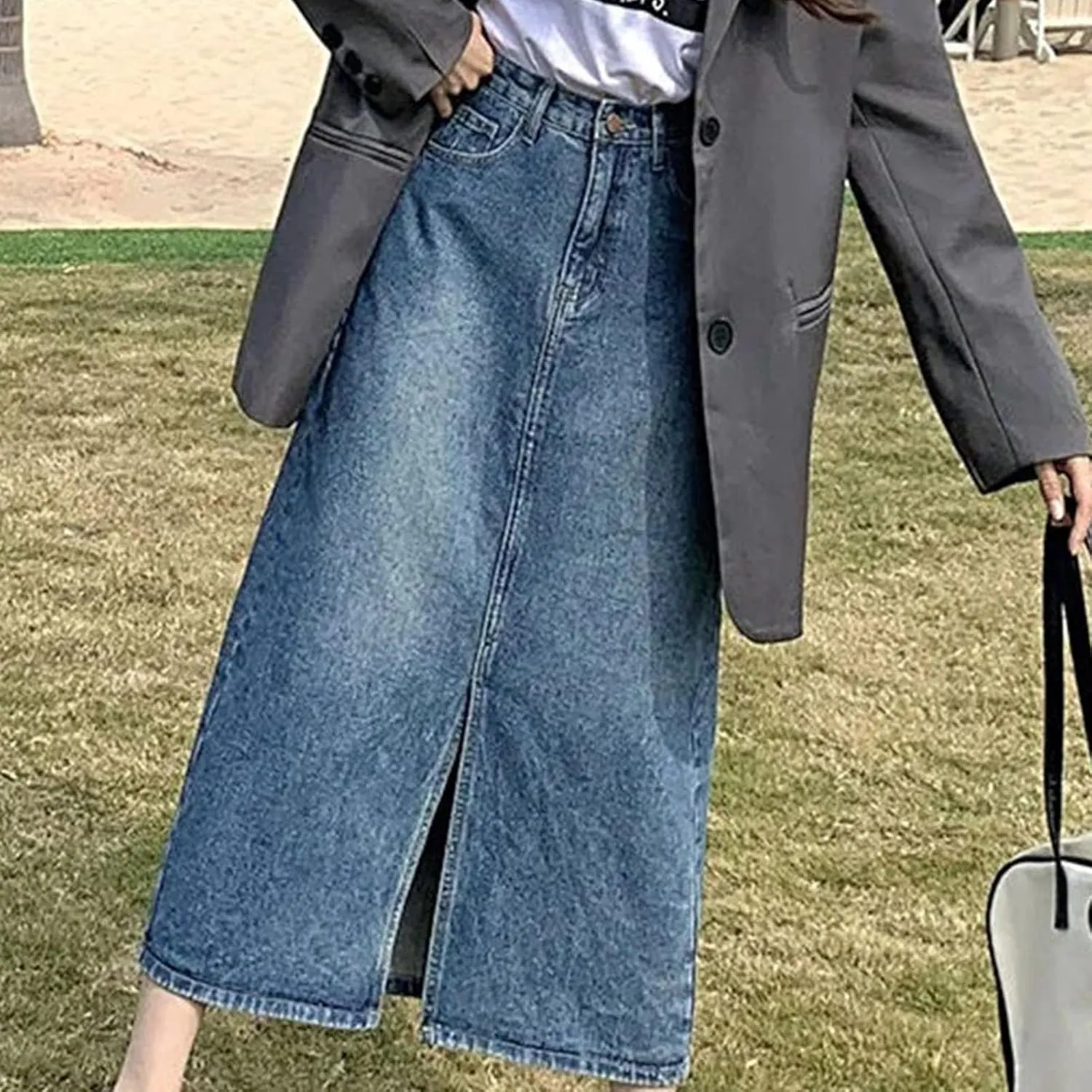 Cargo Skirts for Women with Pocket Midi Length Denim Skirt High Waisted Maxi Skirt Tie Split Jean Skirt Summer Skirts