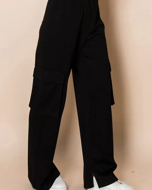 Casual Black Wide Leg Lounge Cargo Pants with Pockets