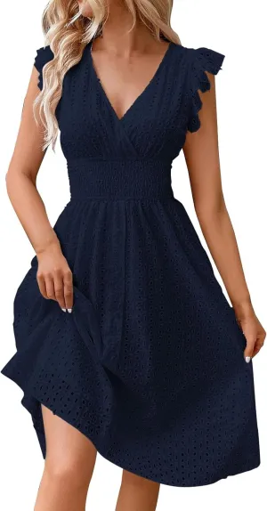 Casual Dresses Women Ruffle Sleeveless V Neck Dress Summer Vacation Beach Midi Dress Eyelet Lace Party Maxi Dresses