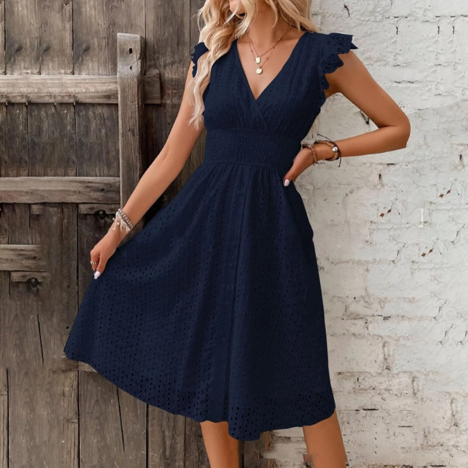 Casual Dresses Women Ruffle Sleeveless V Neck Dress Summer Vacation Beach Midi Dress Eyelet Lace Party Maxi Dresses
