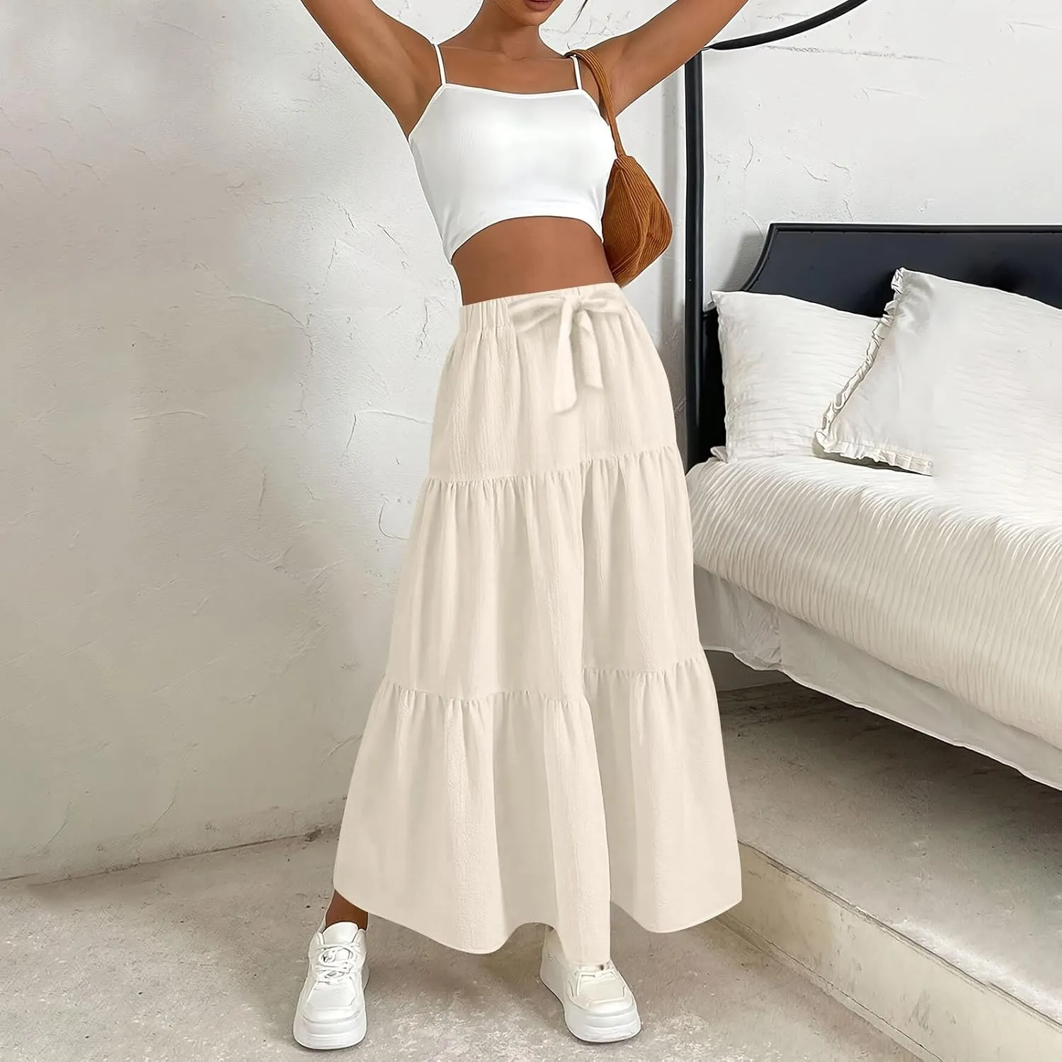 Casual Maxi Skirt for Women Summer Drawstring High Waisted A-Line Skirts Flowy 3-Layer Tiered Ruffle Skirts Long