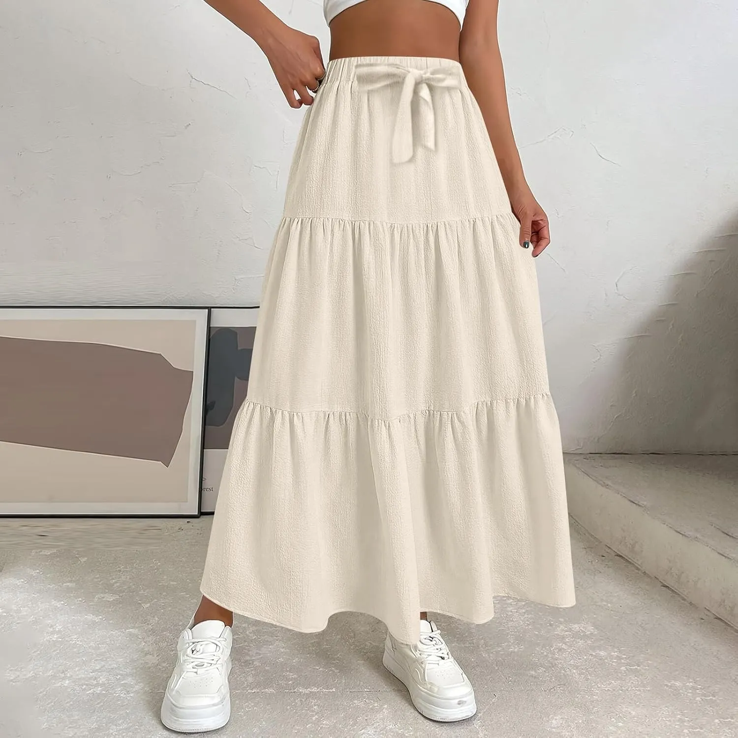 Casual Maxi Skirt for Women Summer Drawstring High Waisted A-Line Skirts Flowy 3-Layer Tiered Ruffle Skirts Long