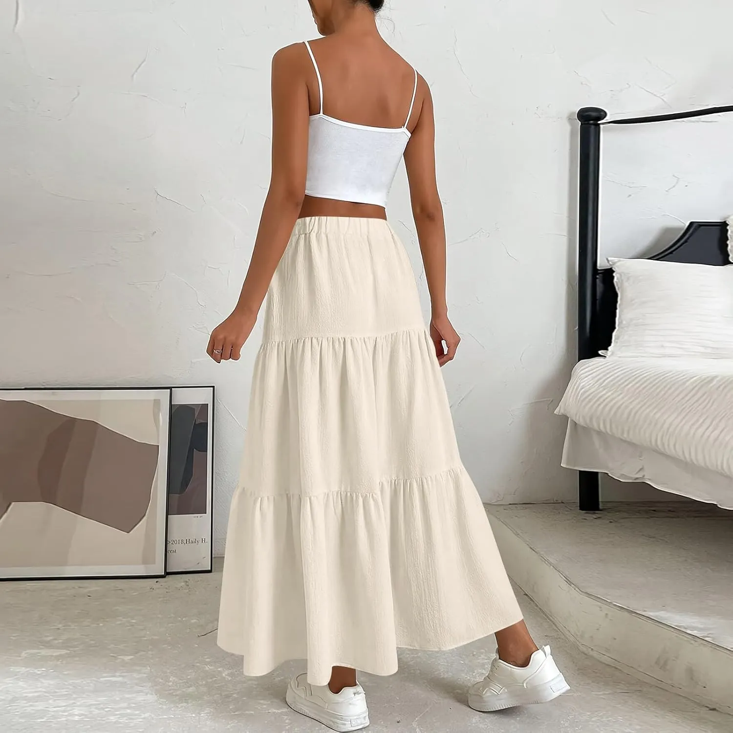 Casual Maxi Skirt for Women Summer Drawstring High Waisted A-Line Skirts Flowy 3-Layer Tiered Ruffle Skirts Long