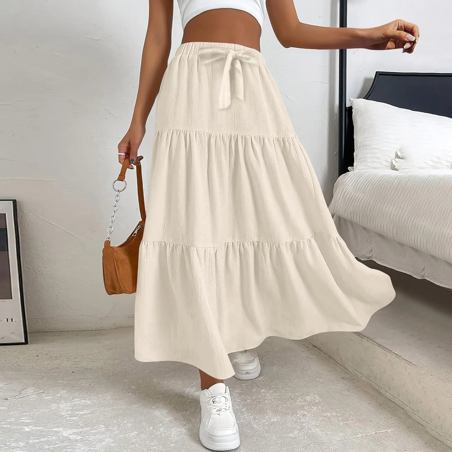 Casual Maxi Skirt for Women Summer Drawstring High Waisted A-Line Skirts Flowy 3-Layer Tiered Ruffle Skirts Long