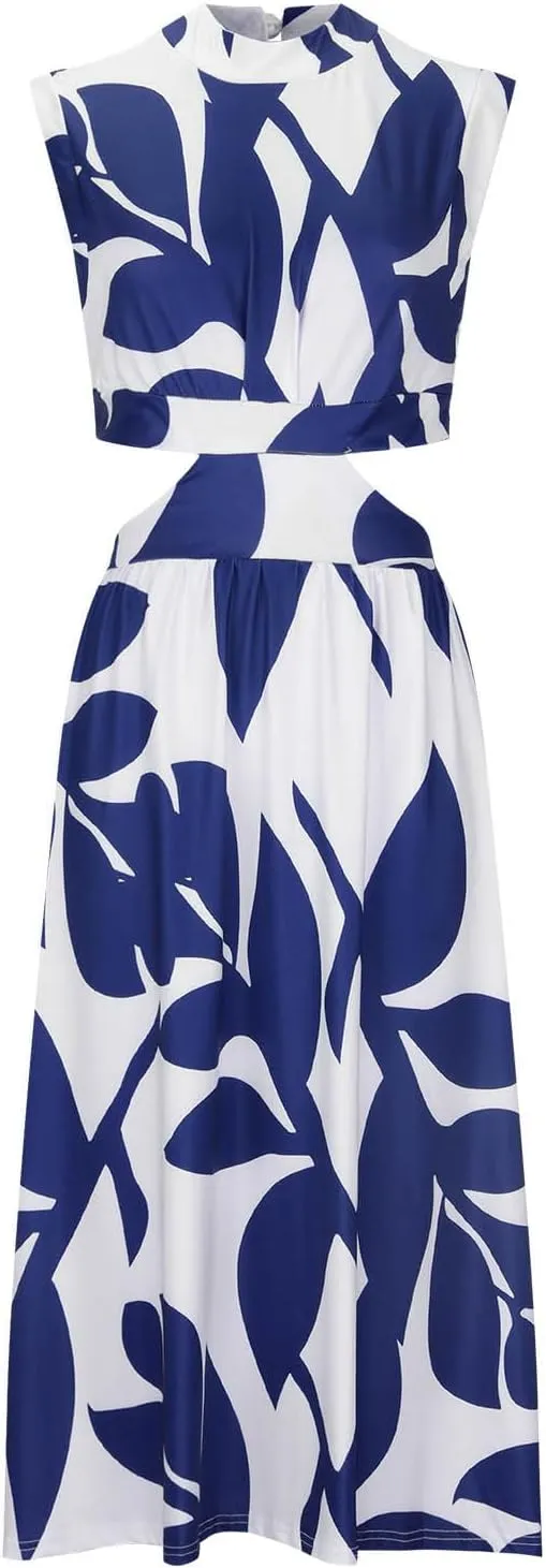 Casual Summer Dresses Women's Boho Leaf Print Dress Sexy Cut Out Waist Long Dress Trendy A-Line Swing Maxi Sundresses