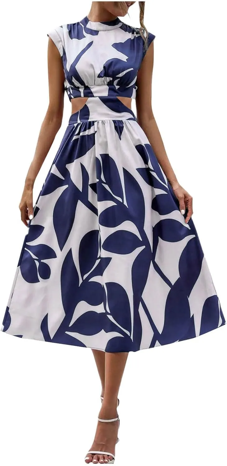 Casual Summer Dresses Women's Boho Leaf Print Dress Sexy Cut Out Waist Long Dress Trendy A-Line Swing Maxi Sundresses