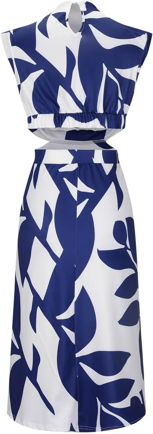 Casual Summer Dresses Women's Boho Leaf Print Dress Sexy Cut Out Waist Long Dress Trendy A-Line Swing Maxi Sundresses