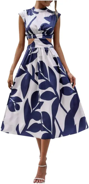 Casual Summer Dresses Women's Boho Leaf Print Dress Sexy Cut Out Waist Long Dress Trendy A-Line Swing Maxi Sundresses