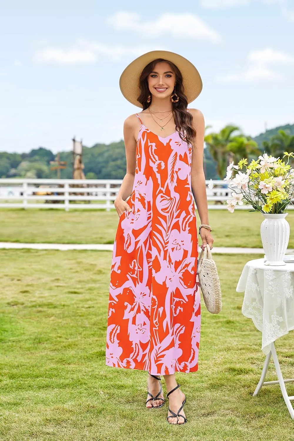 CCTOO Womens Boho Summer Dresses: Summer Casual Floral Sleeveless Spaghetti Strap V Neck Long Beach Maxi Dress with Pockets