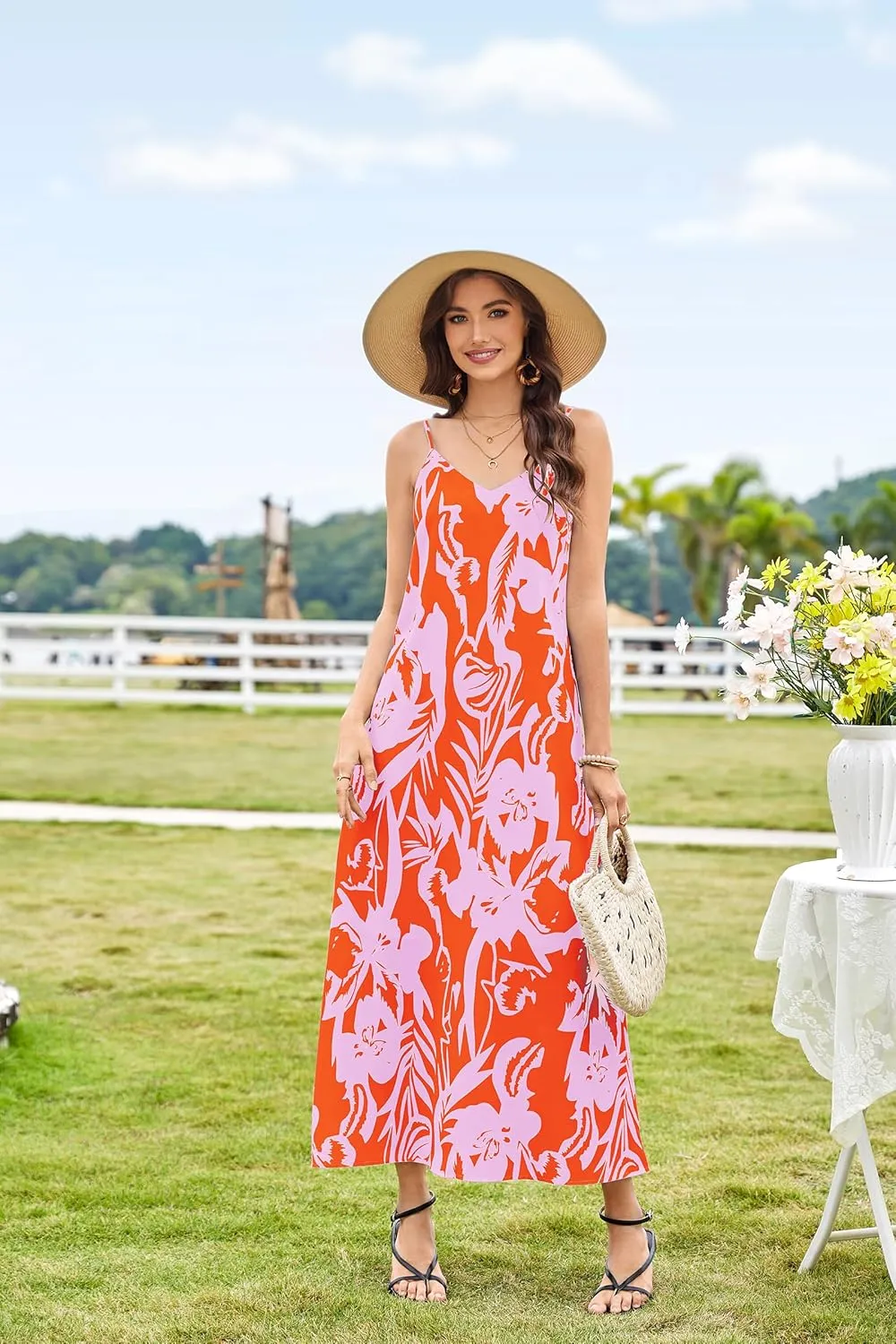 CCTOO Womens Boho Summer Dresses: Summer Casual Floral Sleeveless Spaghetti Strap V Neck Long Beach Maxi Dress with Pockets