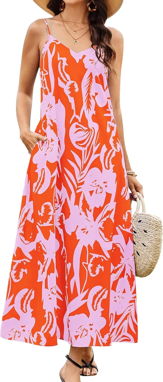 CCTOO Womens Boho Summer Dresses: Summer Casual Floral Sleeveless Spaghetti Strap V Neck Long Beach Maxi Dress with Pockets