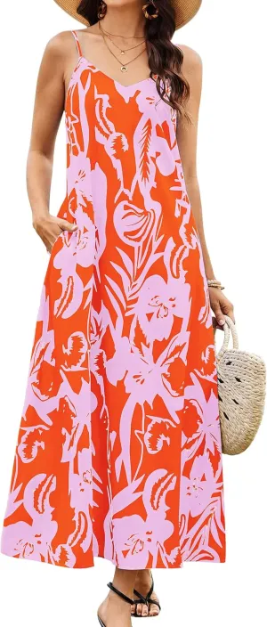 CCTOO Womens Boho Summer Dresses: Summer Casual Floral Sleeveless Spaghetti Strap V Neck Long Beach Maxi Dress with Pockets