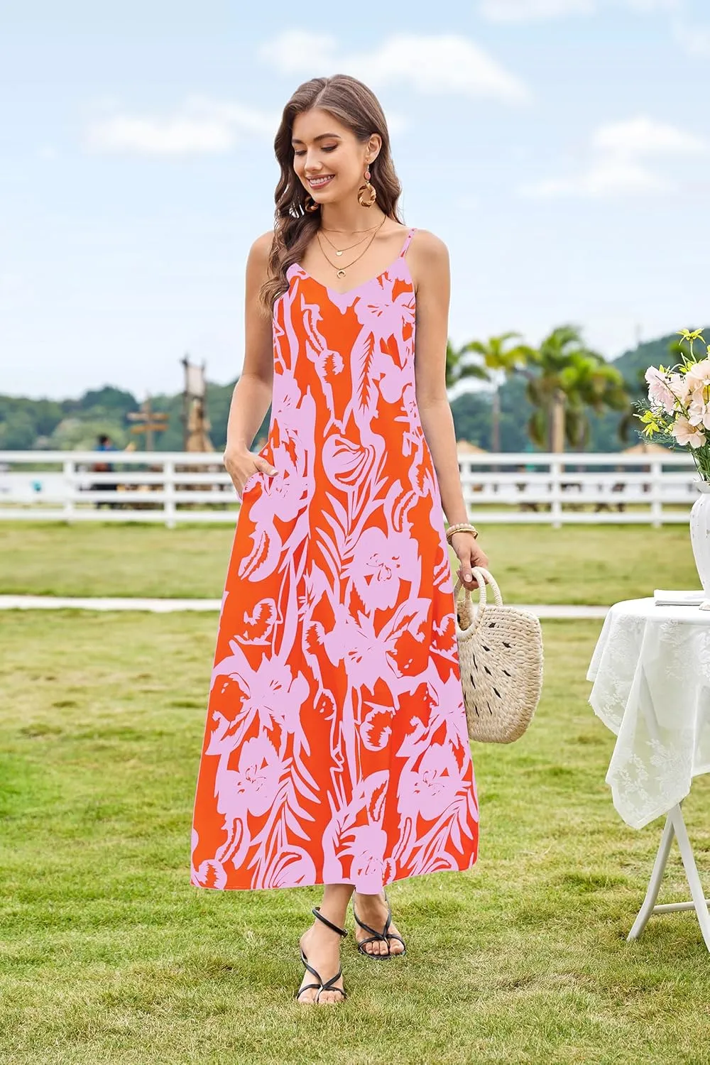 CCTOO Womens Boho Summer Dresses: Summer Casual Floral Sleeveless Spaghetti Strap V Neck Long Beach Maxi Dress with Pockets