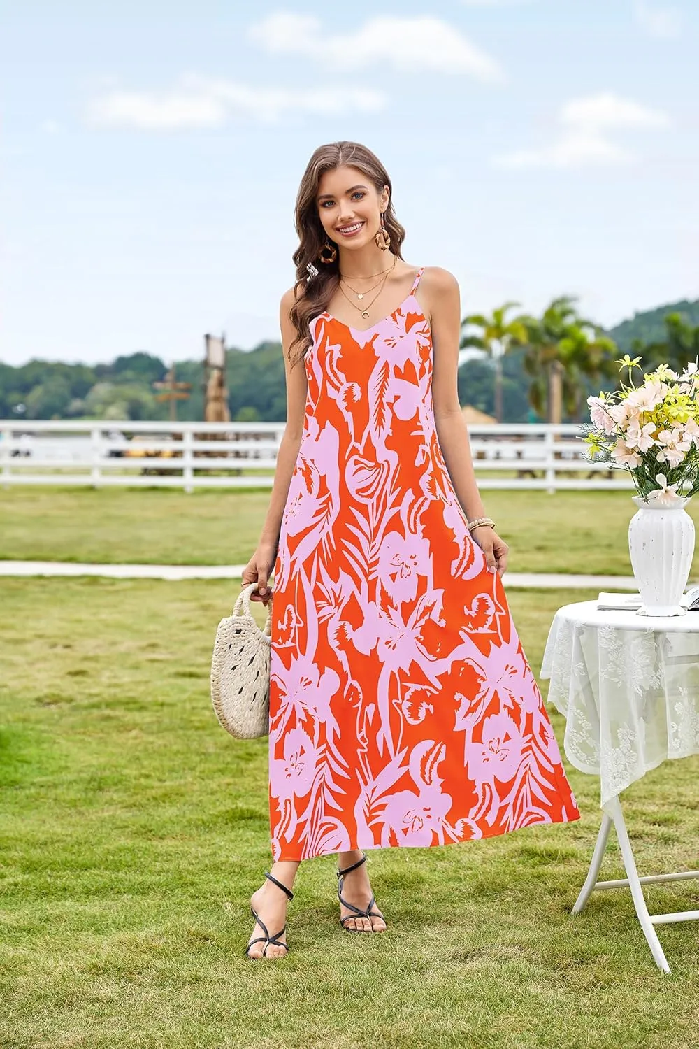 CCTOO Womens Boho Summer Dresses: Summer Casual Floral Sleeveless Spaghetti Strap V Neck Long Beach Maxi Dress with Pockets