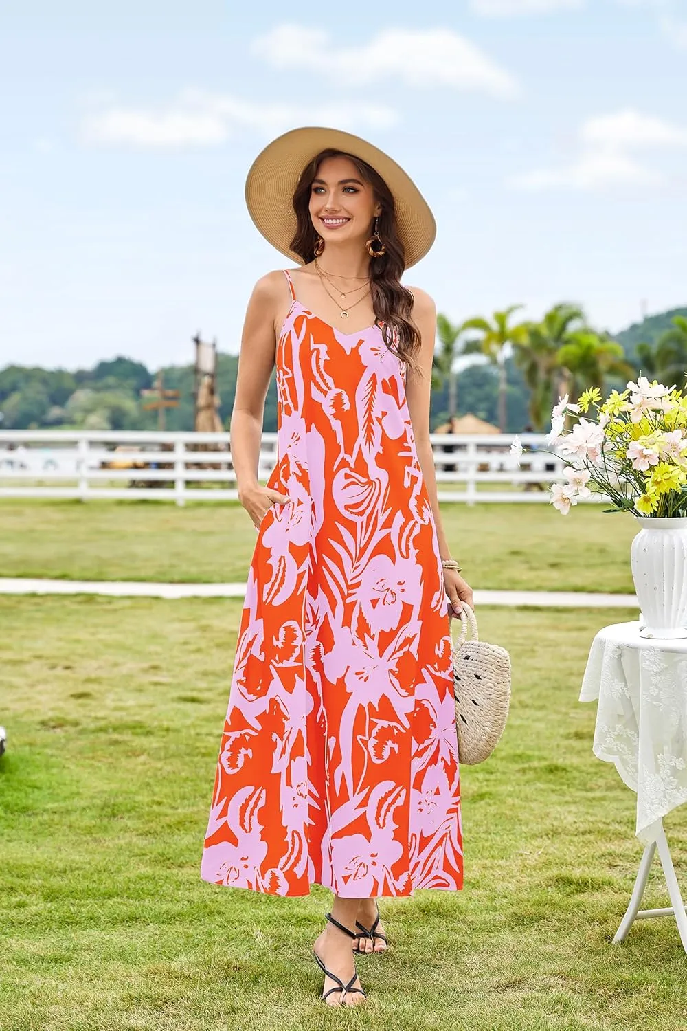 CCTOO Womens Boho Summer Dresses: Summer Casual Floral Sleeveless Spaghetti Strap V Neck Long Beach Maxi Dress with Pockets