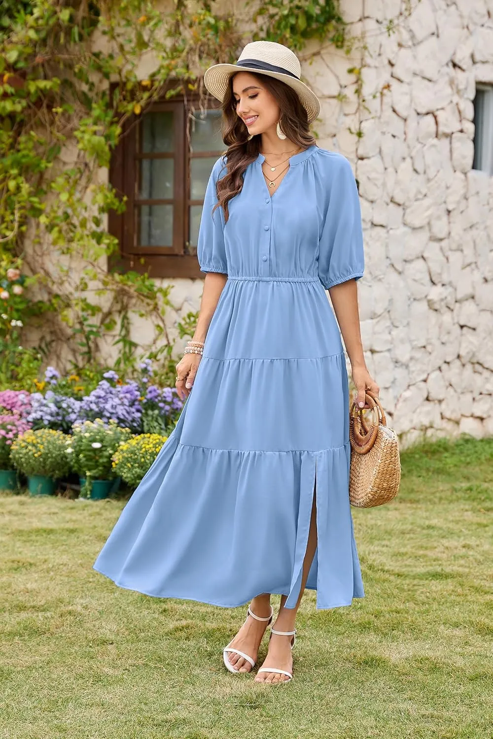 CCTOO Womens Floral Maxi Dress: Casual Short Sleeve V Neck Button Elastic Waist Slit A Line Tiered Dresses with Pockets