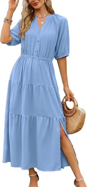 CCTOO Womens Floral Maxi Dress: Casual Short Sleeve V Neck Button Elastic Waist Slit A Line Tiered Dresses with Pockets