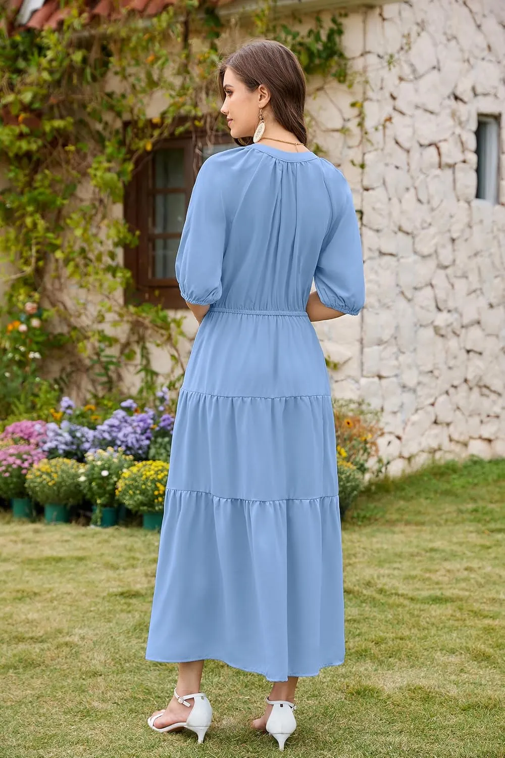 CCTOO Womens Floral Maxi Dress: Casual Short Sleeve V Neck Button Elastic Waist Slit A Line Tiered Dresses with Pockets