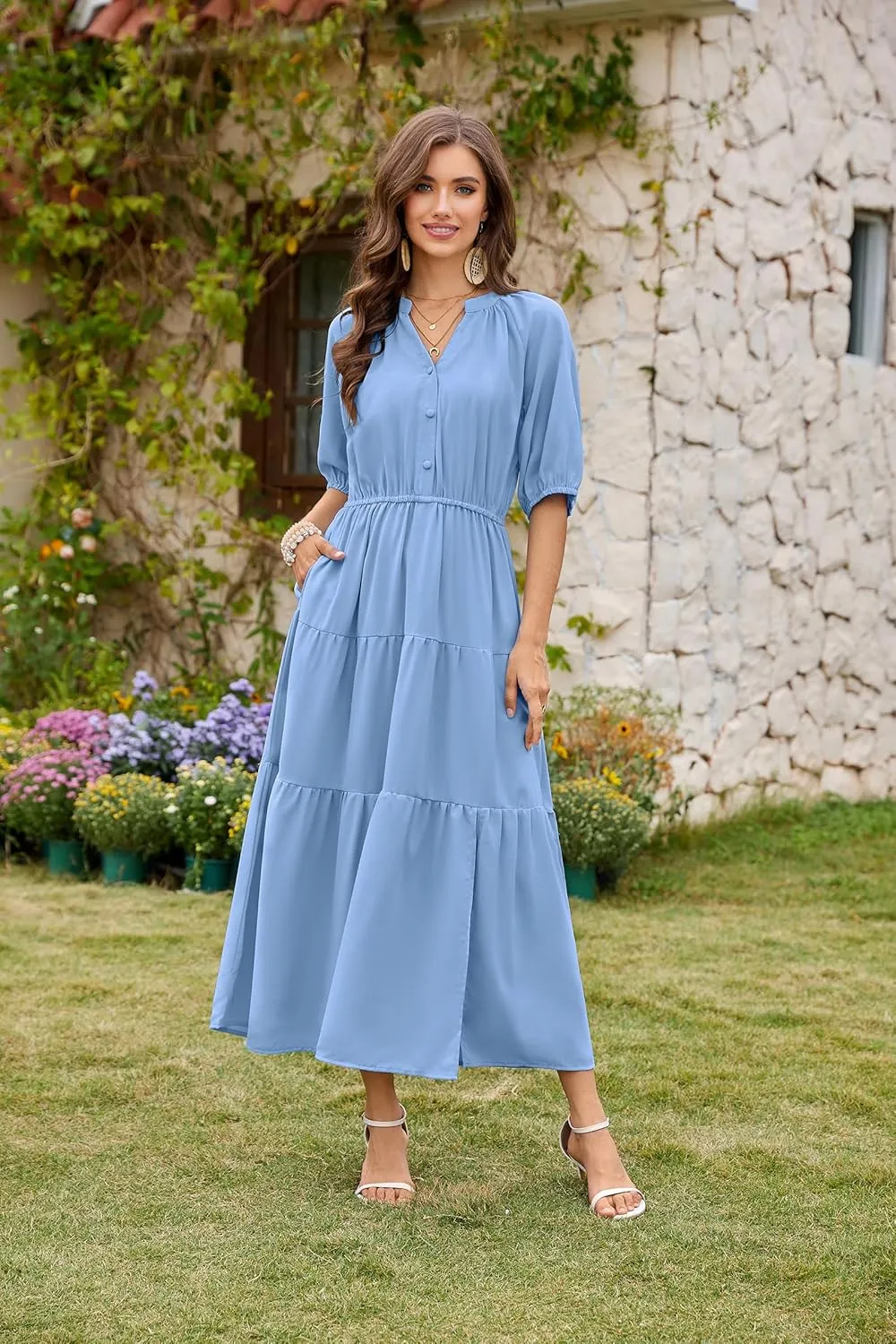 CCTOO Womens Floral Maxi Dress: Casual Short Sleeve V Neck Button Elastic Waist Slit A Line Tiered Dresses with Pockets