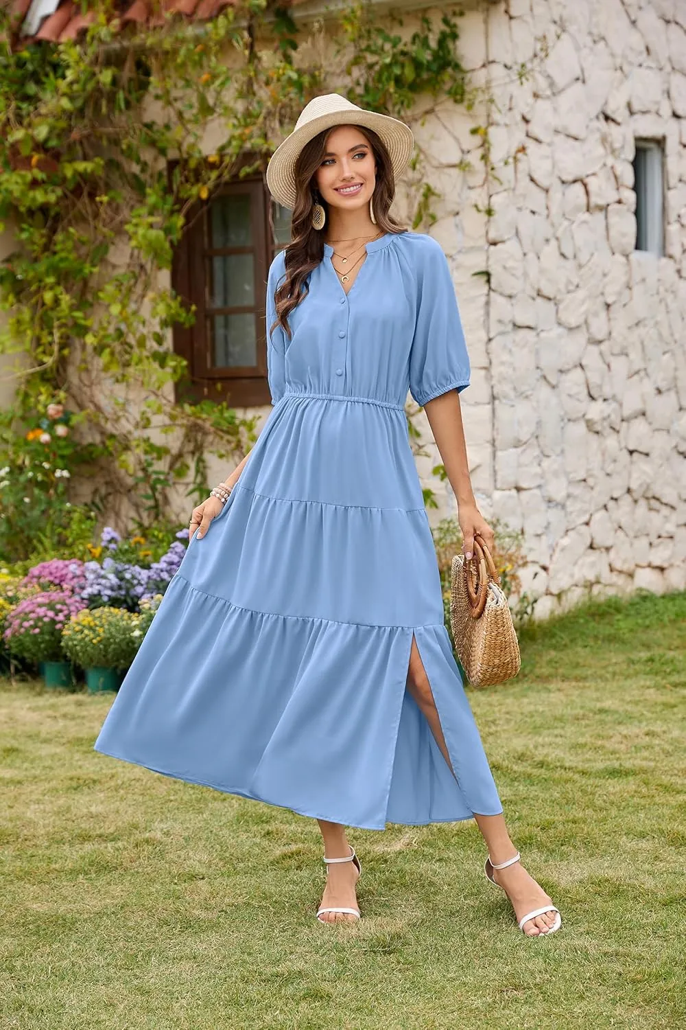 CCTOO Womens Floral Maxi Dress: Casual Short Sleeve V Neck Button Elastic Waist Slit A Line Tiered Dresses with Pockets