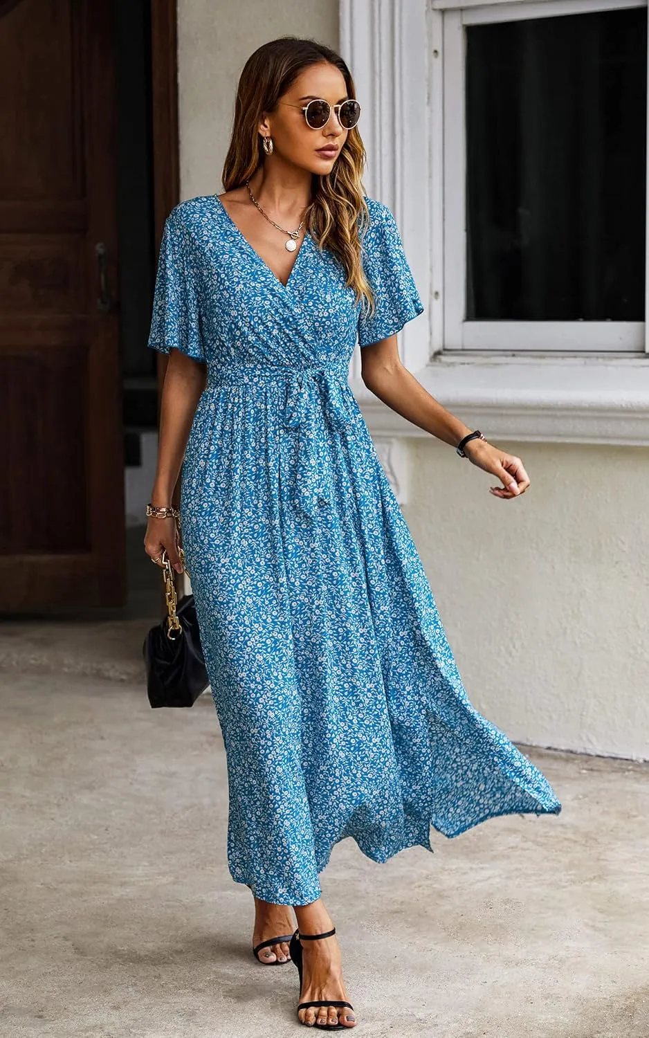 CCTOO Women's Summer Maxi Dress Casual Boho Floral Wrap V Neck Short Sleeve Ruffle Split Flowy Long Beach Dresses with Belt