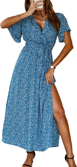 CCTOO Women's Summer Maxi Dress Casual Boho Floral Wrap V Neck Short Sleeve Ruffle Split Flowy Long Beach Dresses with Belt