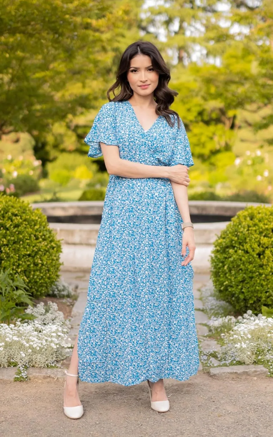CCTOO Women's Summer Maxi Dress Casual Boho Floral Wrap V Neck Short Sleeve Ruffle Split Flowy Long Beach Dresses with Belt