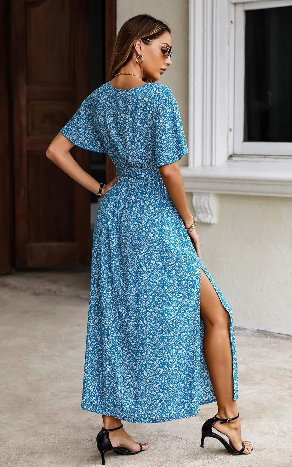 CCTOO Women's Summer Maxi Dress Casual Boho Floral Wrap V Neck Short Sleeve Ruffle Split Flowy Long Beach Dresses with Belt