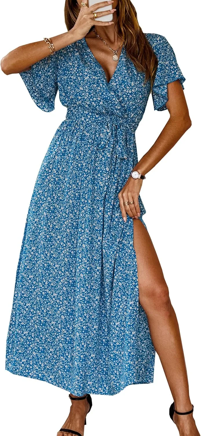 CCTOO Women's Summer Maxi Dress Casual Boho Floral Wrap V Neck Short Sleeve Ruffle Split Flowy Long Beach Dresses with Belt