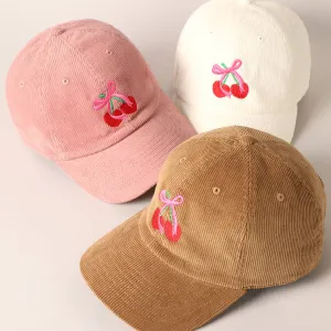 Cherries Ribbon Bow Embroidery Corduroy Cap