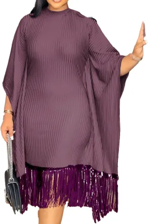 chicyes Women's Dresses for Curvy Sequin Fringe 3/4 Sleeve Cocktail Midi Maxi Dress Sparkly Plus Size Party Outfits