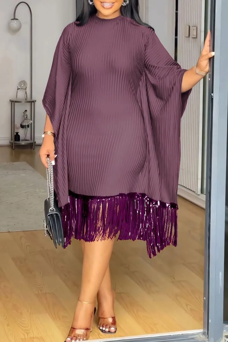 chicyes Women's Dresses for Curvy Sequin Fringe 3/4 Sleeve Cocktail Midi Maxi Dress Sparkly Plus Size Party Outfits
