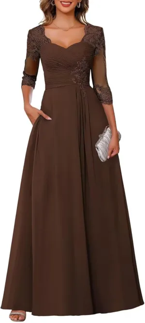 Chiffon A-line Mother of The Bride Dresses for Women Lace Applique 3/4 Sleeve Long Formal Evening Gown